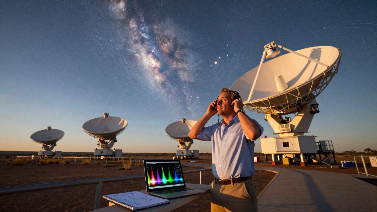 Astronom mit Kopfhörern vor großen Radioteleskopen unter dem Sternenhimmel mit Milchstraße.