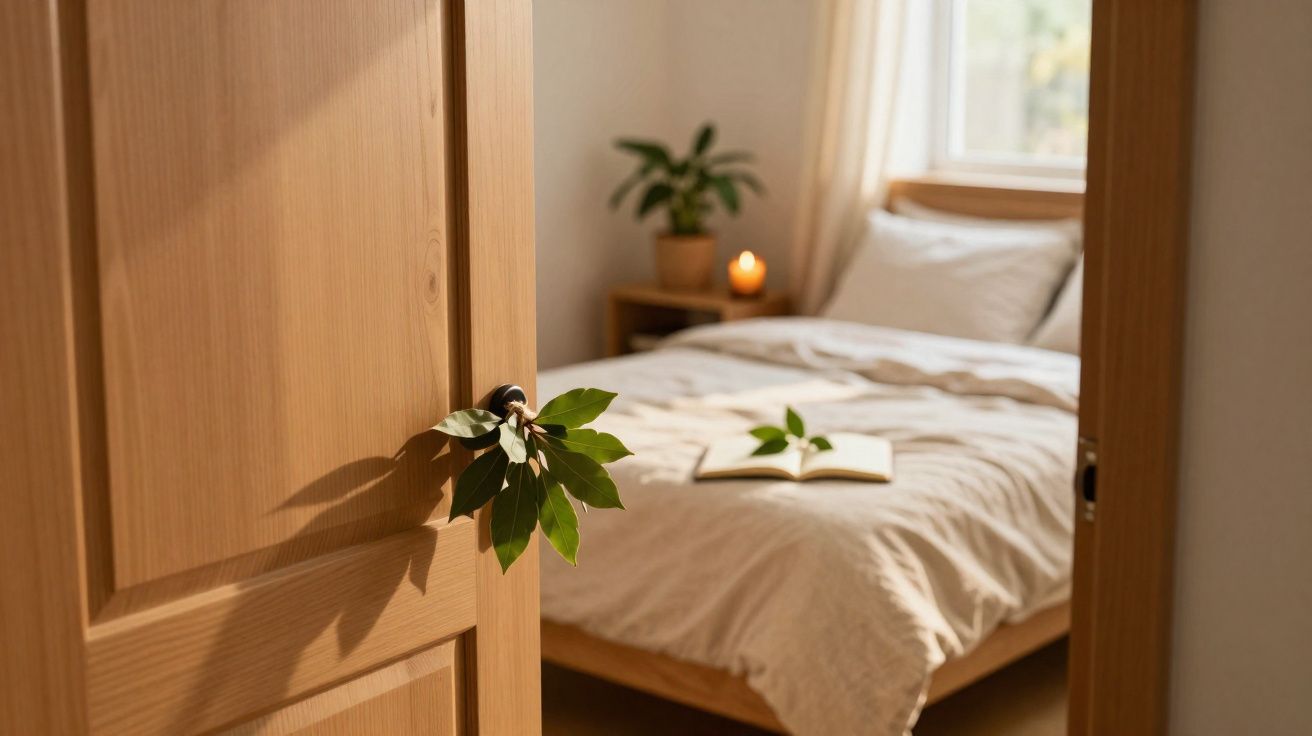 Offenes Holztür mit Blättern, Blick in helles Schlafzimmer mit ungemachtem Bett, Buch und brennender Kerze.