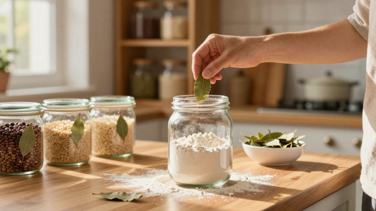 Hand legt Lorbeerblatt in Glas mit Mehl auf Küchenarbeitsplatte mit weiteren Gewürzgläsern.