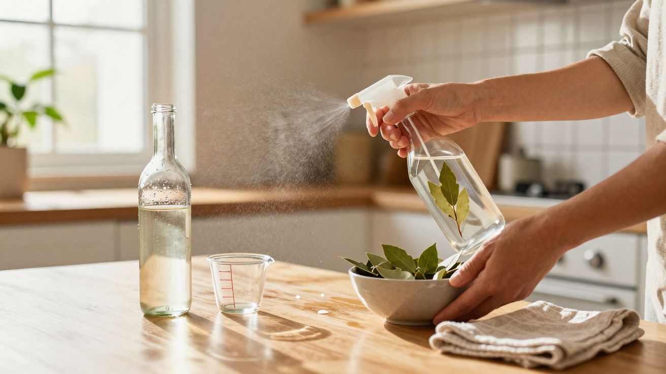 Person sprüht Wasser auf Lorbeerblätter in einer weißen Schüssel auf Küchentisch mit Flasche und Messbecher.