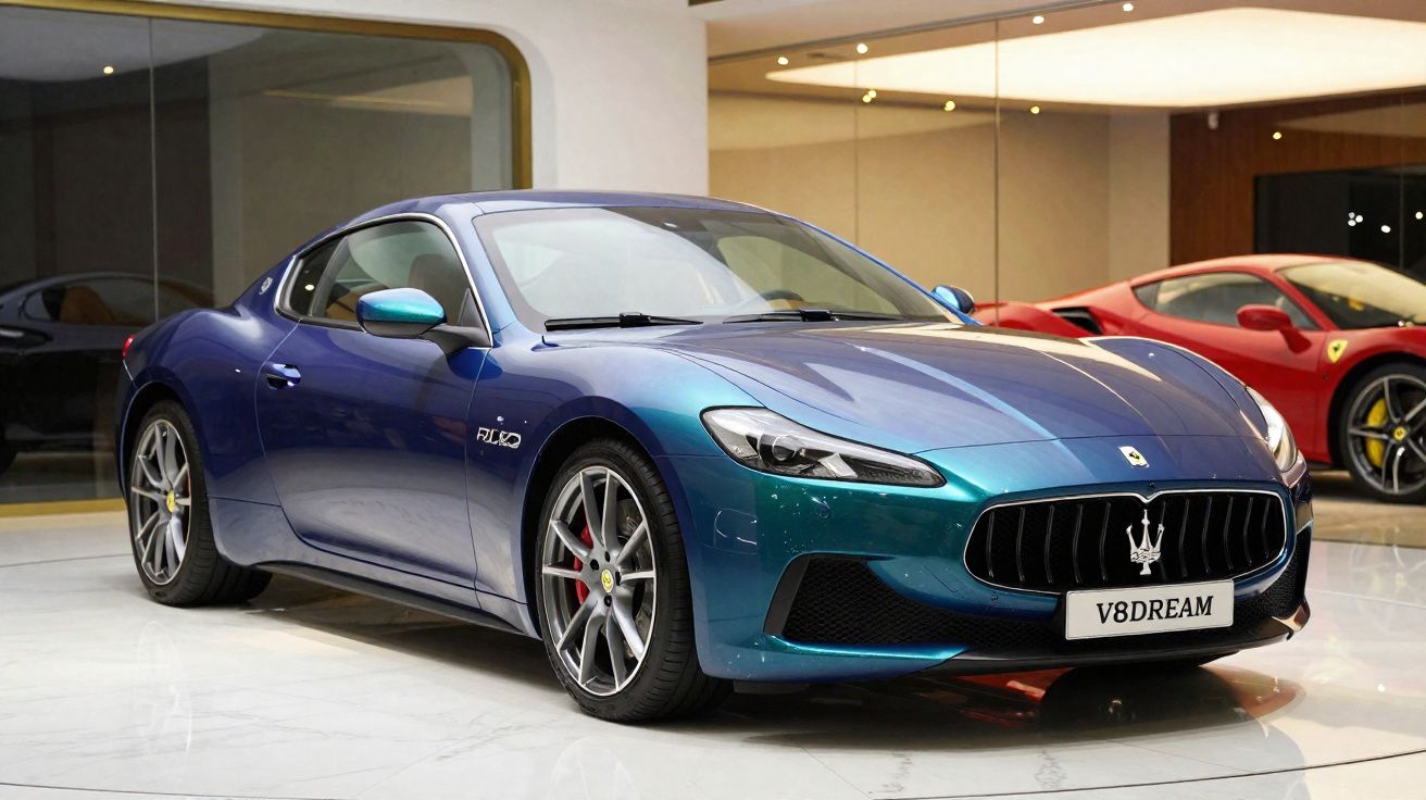 Blauer Maserati Sportwagen in einem eleganten Showroom mit anderem roten Sportwagen im Hintergrund.
