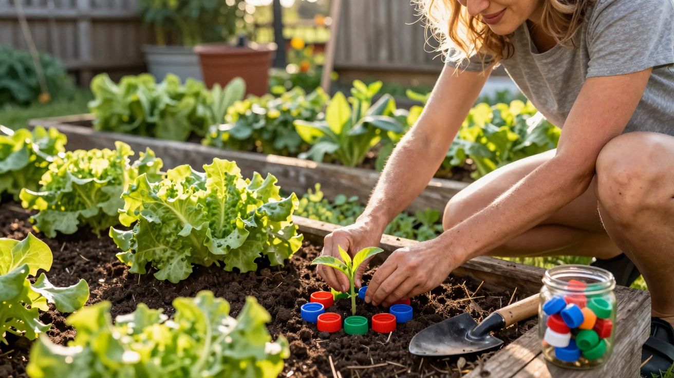 Frau pflanzt Setzling in Hochbeet mit Salat, bunte Plastikflaschendeckel als Schutz um die Pflanze.