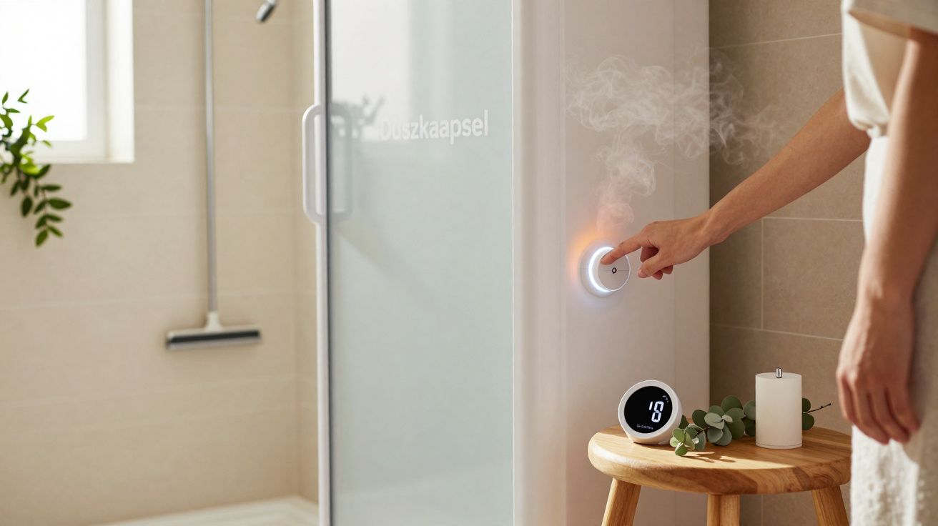 Person drückt Knopf an Dampfdusche in modernem Badezimmer neben digitalem Thermometer auf Holzstuhl.