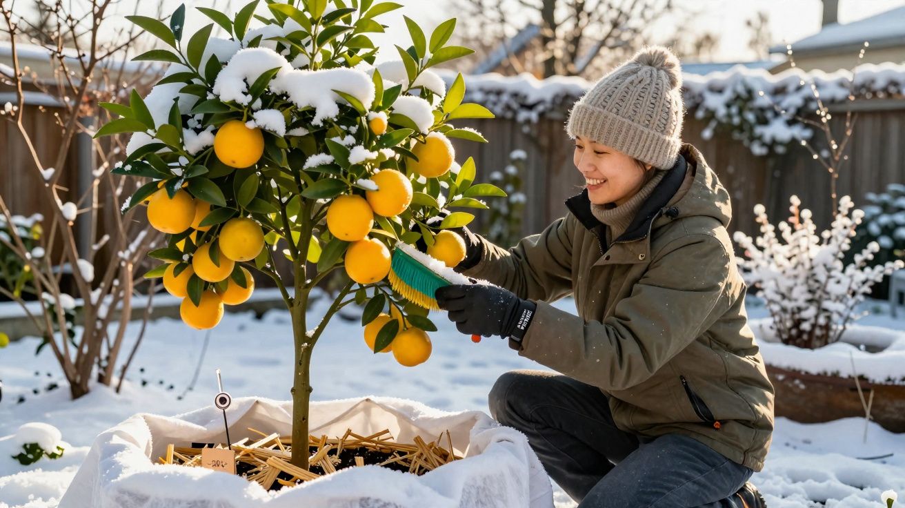 Frau pflegt schneebedeckten Orangenbaum im Wintergarten, lächelt und trägt warme Kleidung und Mütze.