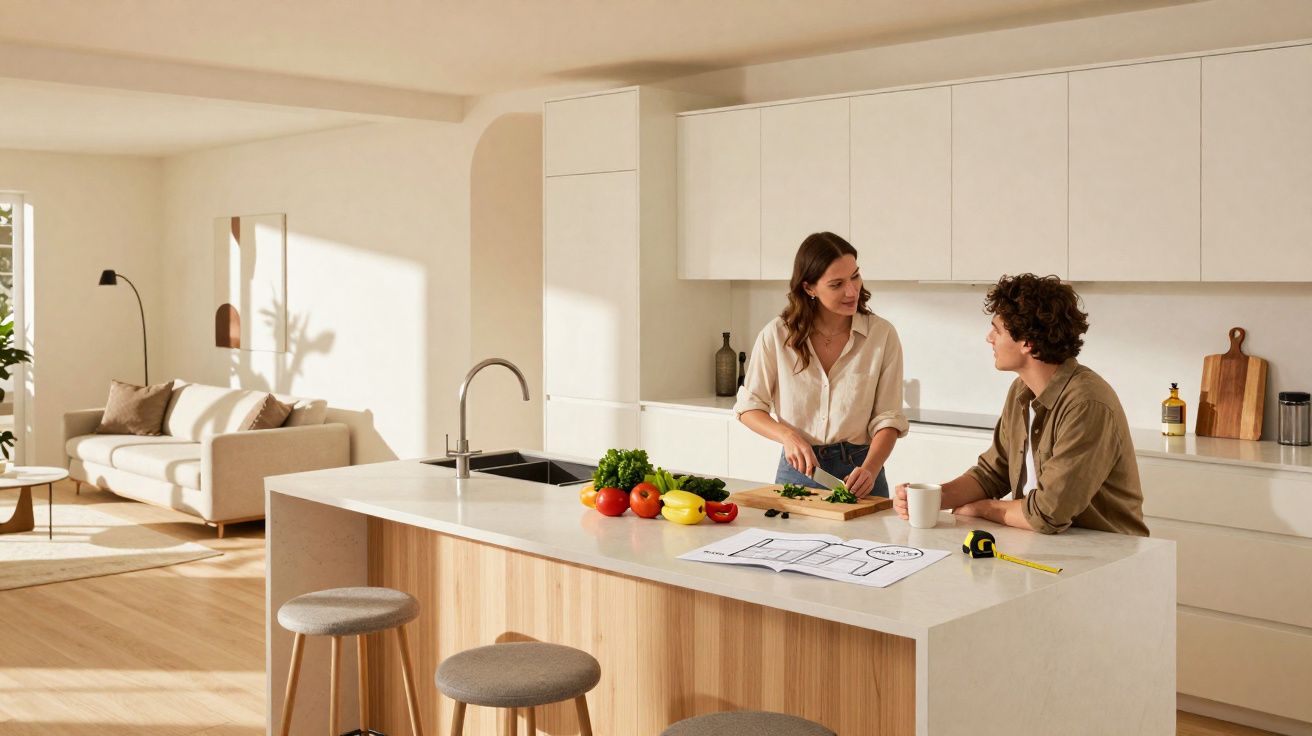 Paar plant Küchenumbau in modernem, hellem Wohnraum mit Kücheninsel und Grundrisszeichnung auf der Arbeitsplatte.