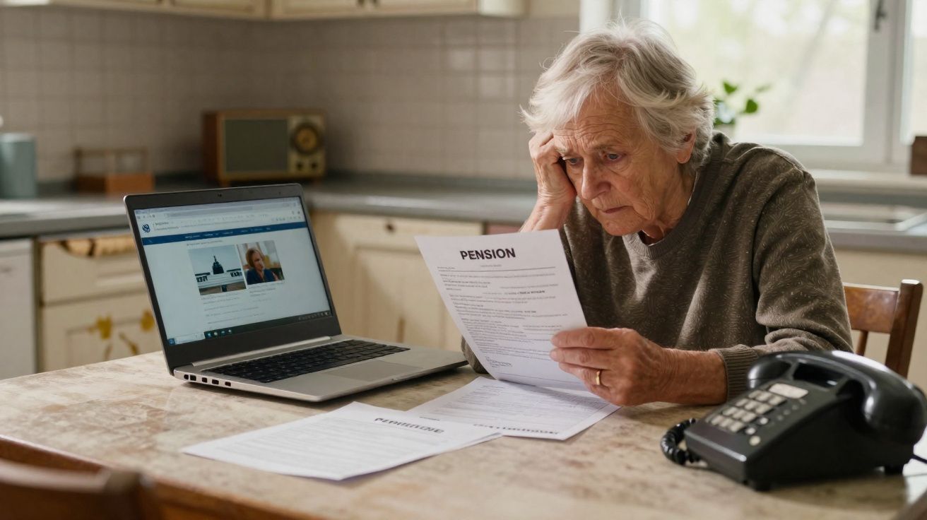 Ältere Frau sitzt am Küchentisch, liest besorgt einen Pensionsbrief, Laptop und Telefon liegen daneben.