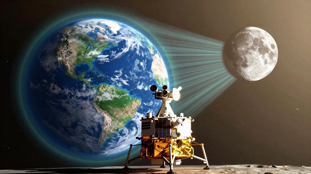 Raumsonde auf Mondoberfläche mit erdnaher Sicht auf Erde und Mond im Weltraum.
