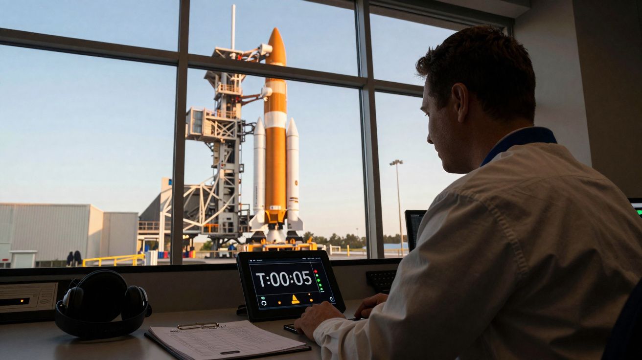 Mann überwacht Raketenstart von innen mit Countdown auf Bildschirm vor Startplattform im Hintergrund.