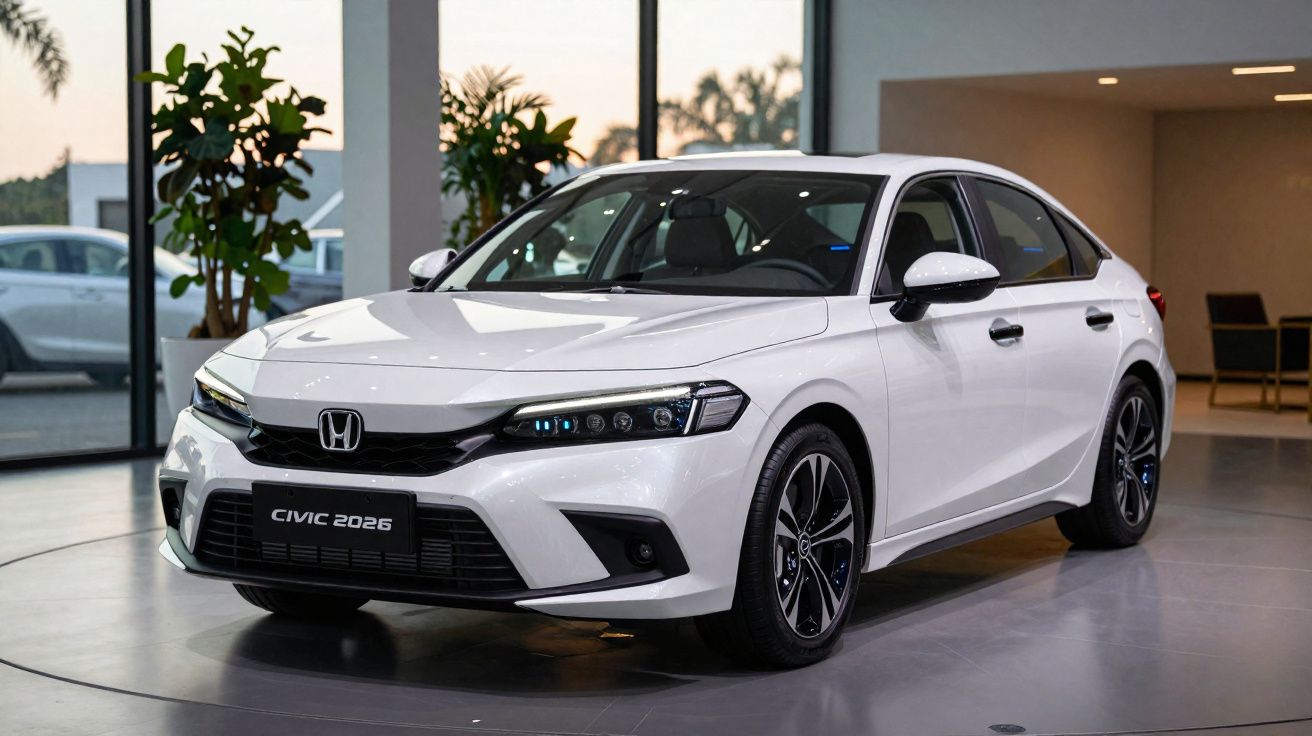 Weißer Honda Civic 2026 Limousine im modernen Ausstellungsraum mit großen Fenstern und Pflanzen.