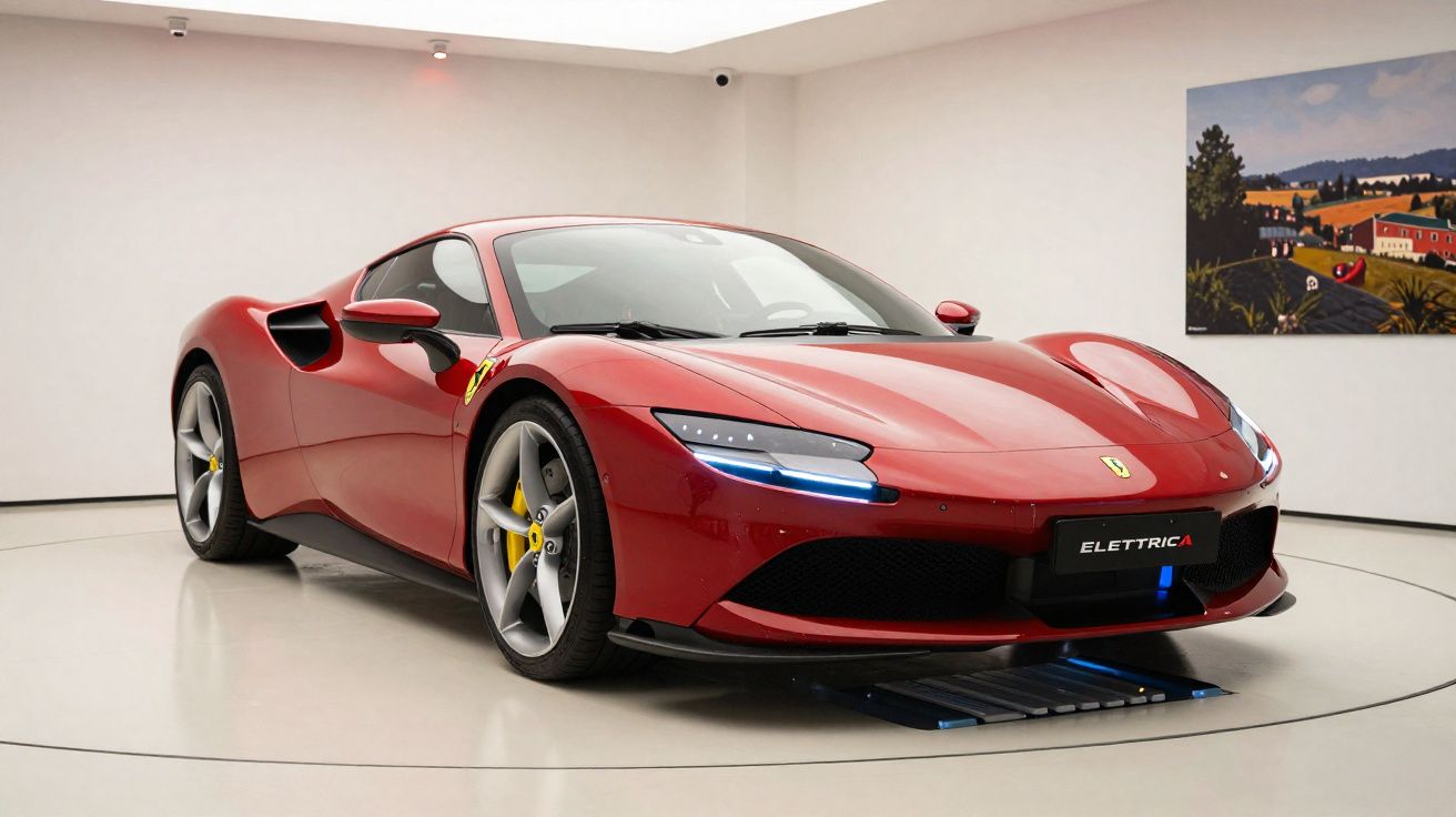 Roter Ferrari Elettrica Sportwagen in minimalistischem weißen Ausstellungsraum mit Kunstwerk an der Wand.