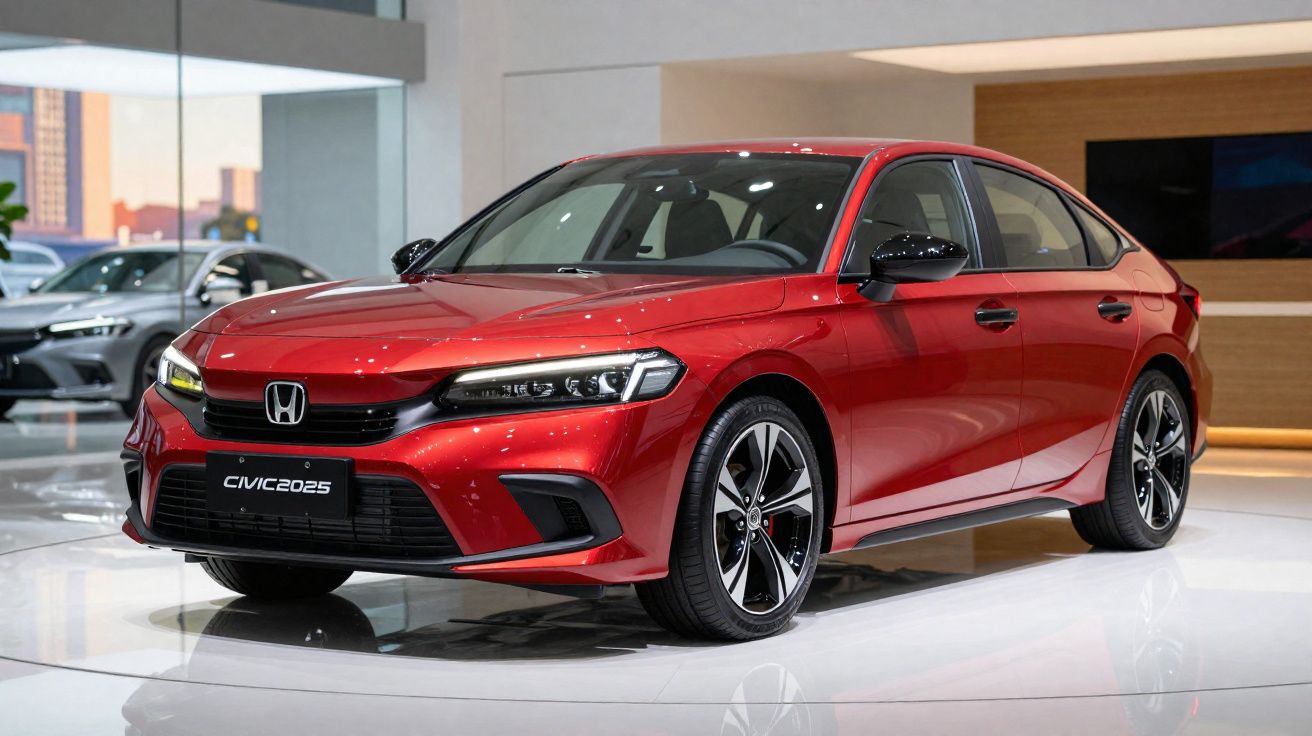 Roter Honda Civic 2025 Limousine auf glänzendem Ausstellungsboden in modernem Autohaus.