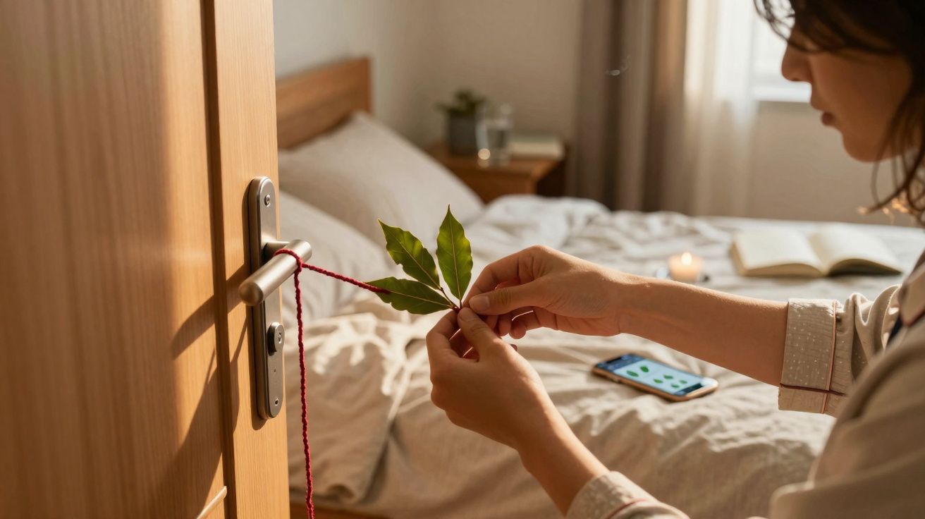 Frau bindet grünes Blatt mit rotem Faden an Türklinke in gemütlichem Schlafzimmer bei Tageslicht.