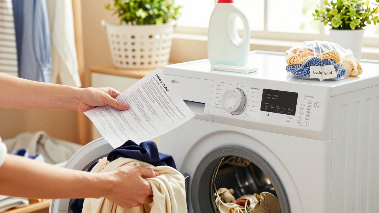 Person lädt Wäsche in eine Frontlader-Waschmaschine mit Reinigungsanleitung in Händen.