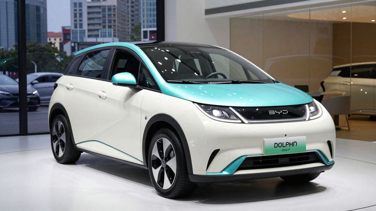 Kompakter weiß-türkisfarbener BYD Dolphin Elektroauto auf Ausstellung in modernem Showroom.
