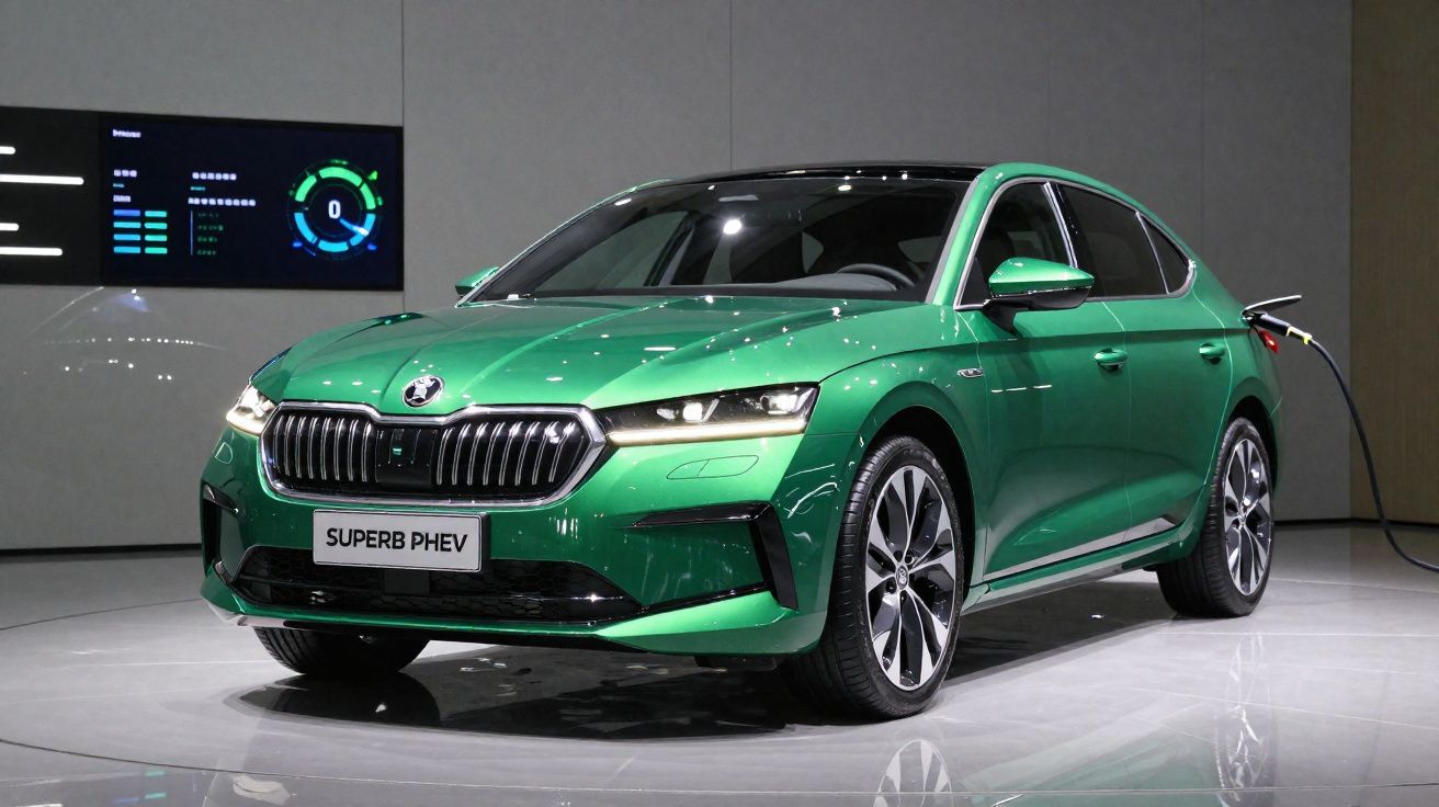 Grüner Skoda Superb PHEV Kombi lädt elektrisch in moderner Ausstellungshalle.