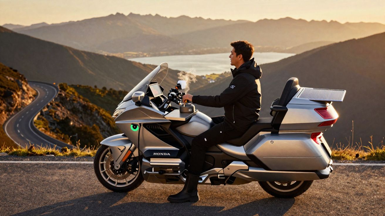 Mann sitzt auf silberner Honda-Motorrad mit Berglandschaft und See im Hintergrund bei Sonnenuntergang.