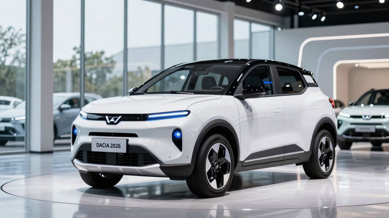 Weißes Elektro-SUV Dacia 2026 mit schwarzem Dach in modernem Showroom, Frontansicht.