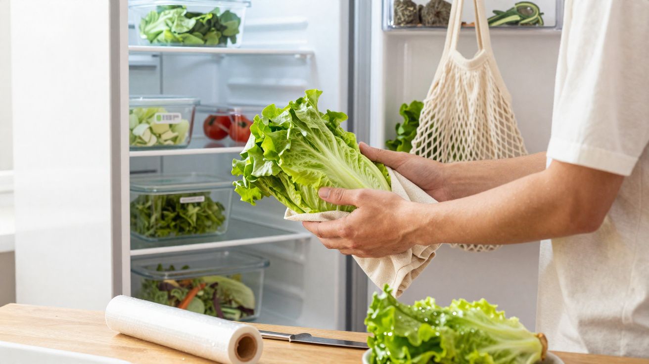 Person legt frischen Kopfsalat mit Stofftasche vor offenem Kühlschrank ab, gesunde Lebensmittel sichtbar.
