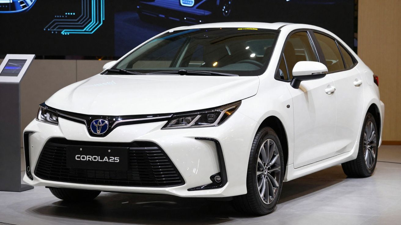Weißer Toyota Corolla 25 auf einer Autoausstellung, Frontalansicht mit beleuchtetem Hintergrund.
