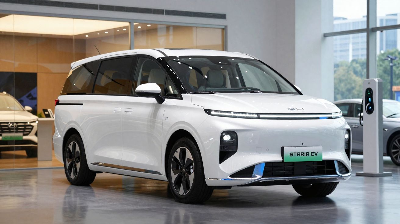 Weißer Hyundai Staria EV Elektrovan in einem hellen Showroom neben einer Ladestation.
