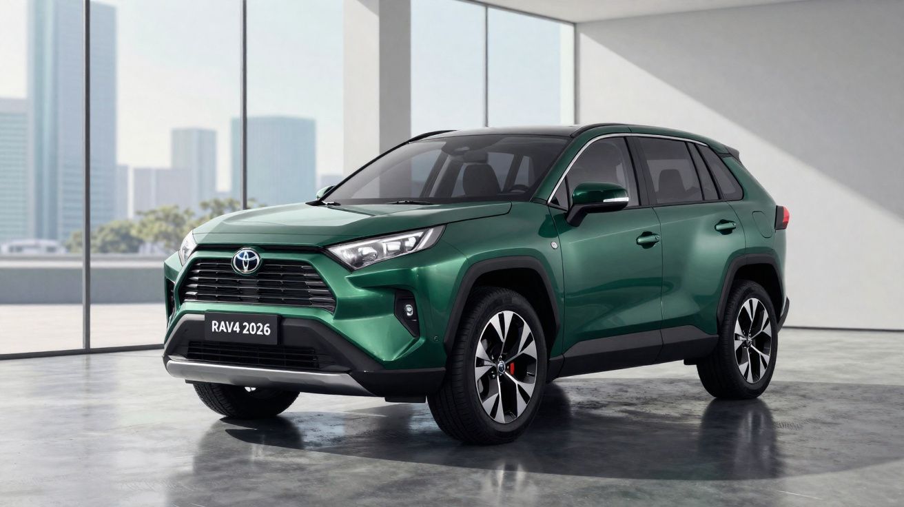 Grüner Toyota RAV4 2026 SUV in einem hellen, modernen Showroom mit großen Fenstern und Stadtblick.