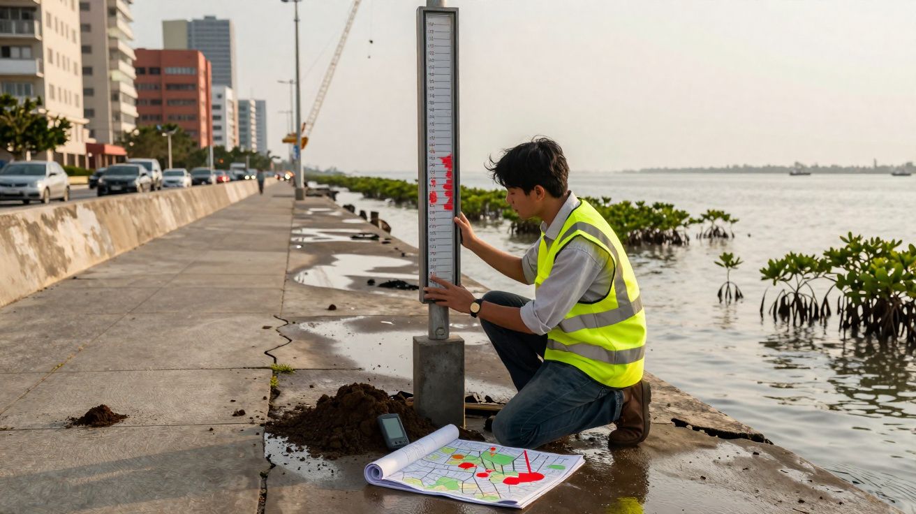 Ingenieur mit Warnweste misst Wasserstand an Uferpromenade, auf dem Boden liegt eine Karte mit Markierungen.