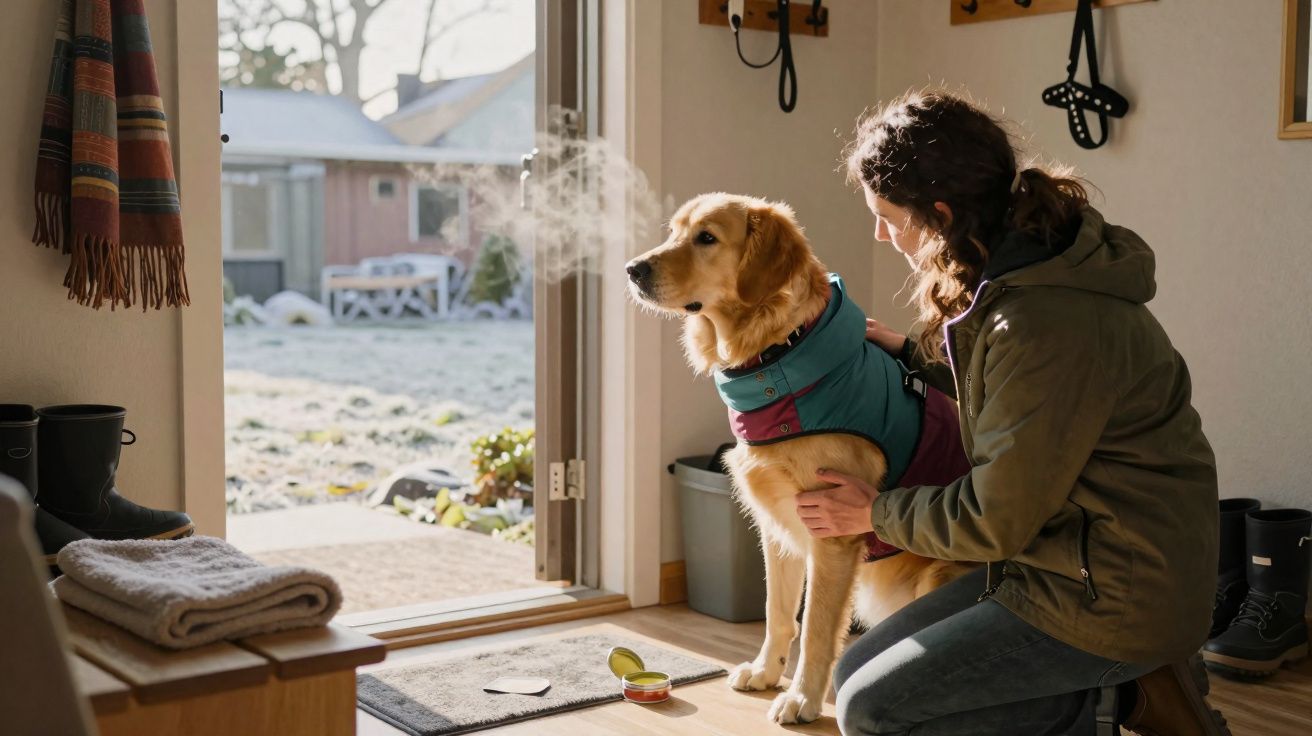 Frau legt warmen Mantel auf Golden Retriever, der am offenen Tür zu frostigem Garten steht.