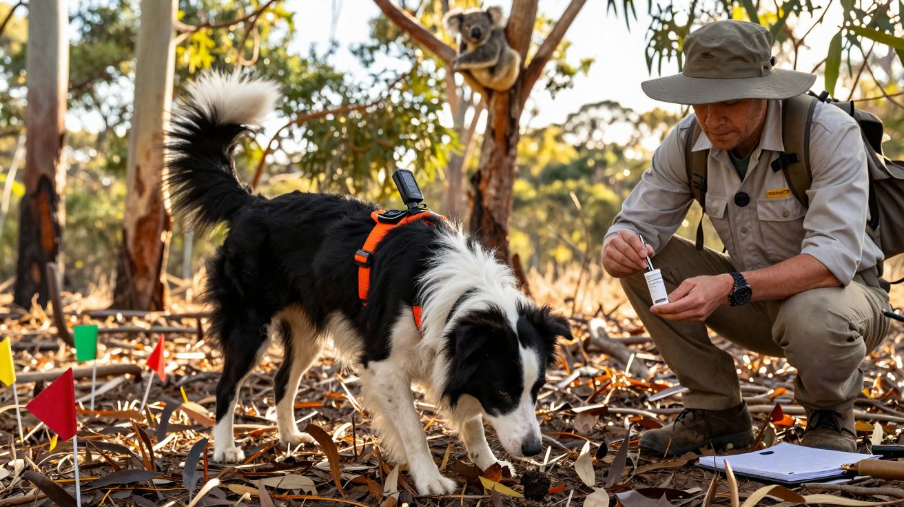 Ein Mann in Outdoor-Kleidung trainiert einen Hund mit GPS-Halsband im Wald, ein Koala sitzt auf einem Baum.