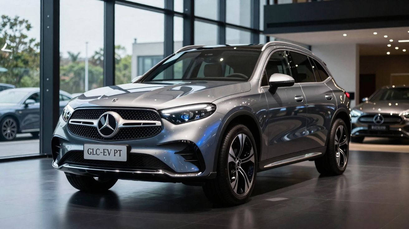 Silberner Mercedes-Benz GLC-EV PT SUV in einem modernen Autohaus mit großen Fenstern.