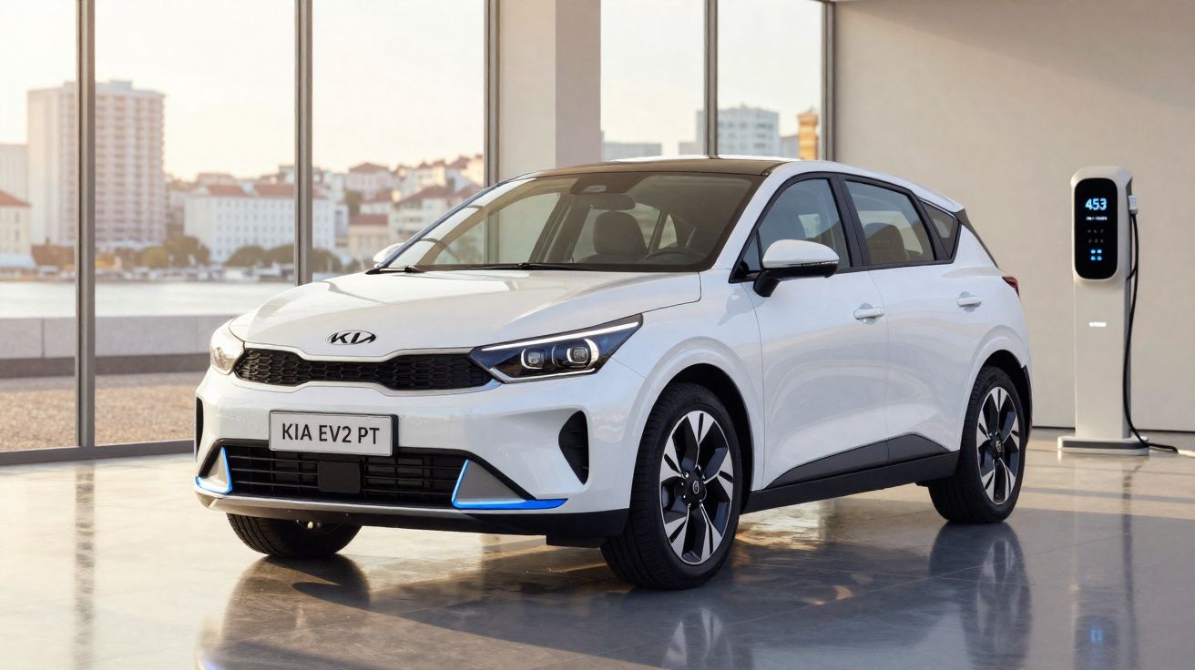 Weißer Kia EV2 Elektroauto stehend in modernem Raum neben Ladestation mit Stadtblick durch Fenster.