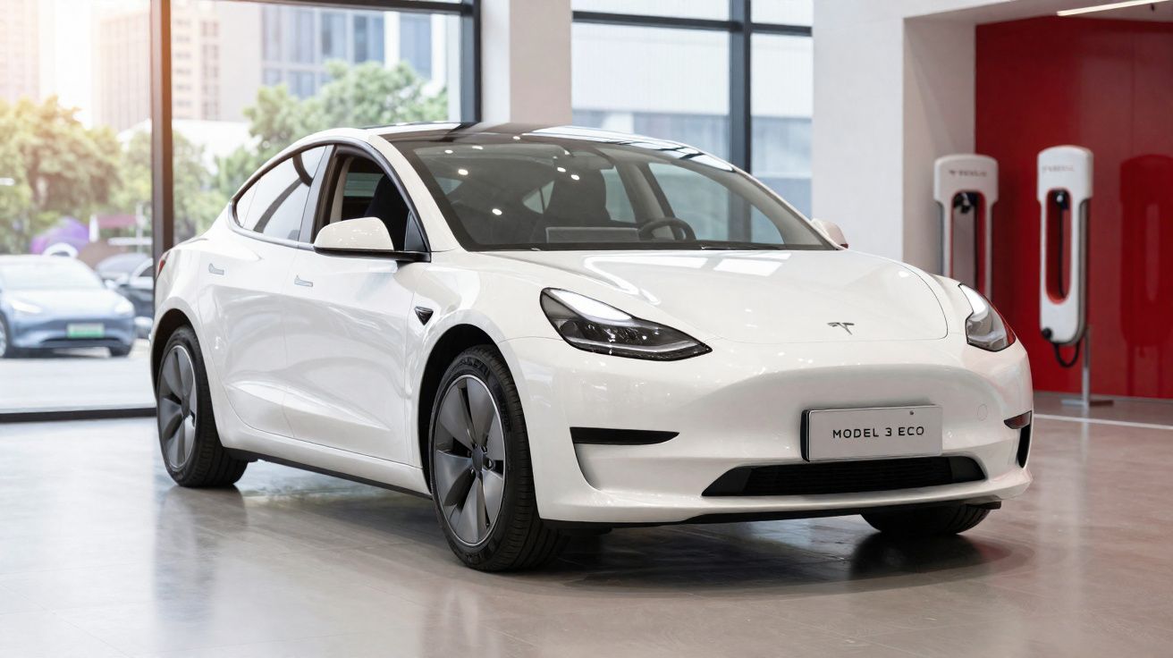 Weißer Tesla Model 3 ECO in einem Showroom vor großen Fenstern und Ladestationen im Hintergrund.