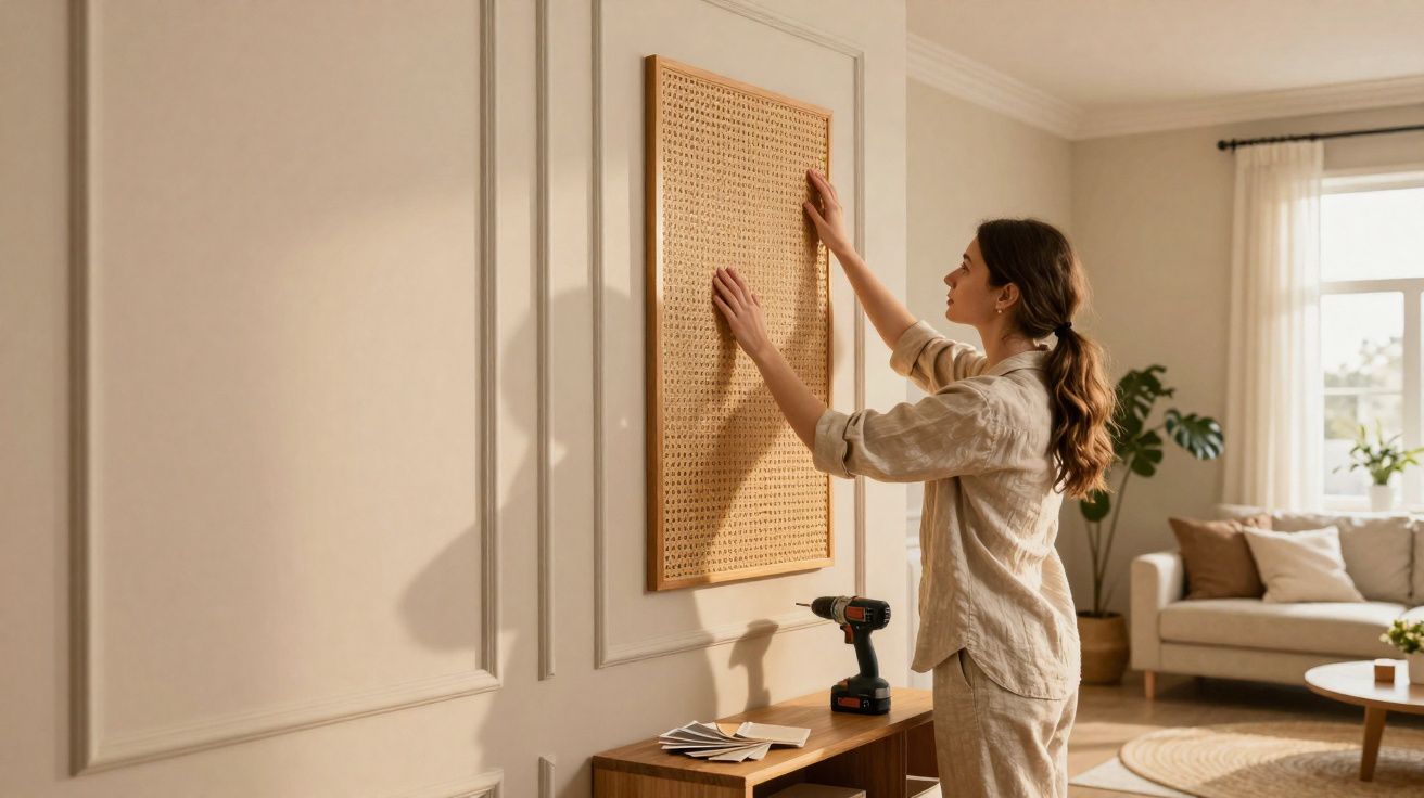 Frau hängt dekorativen Holzrahmen an beige Wand in modernem Wohnzimmer mit Sofa und Pflanzen auf.