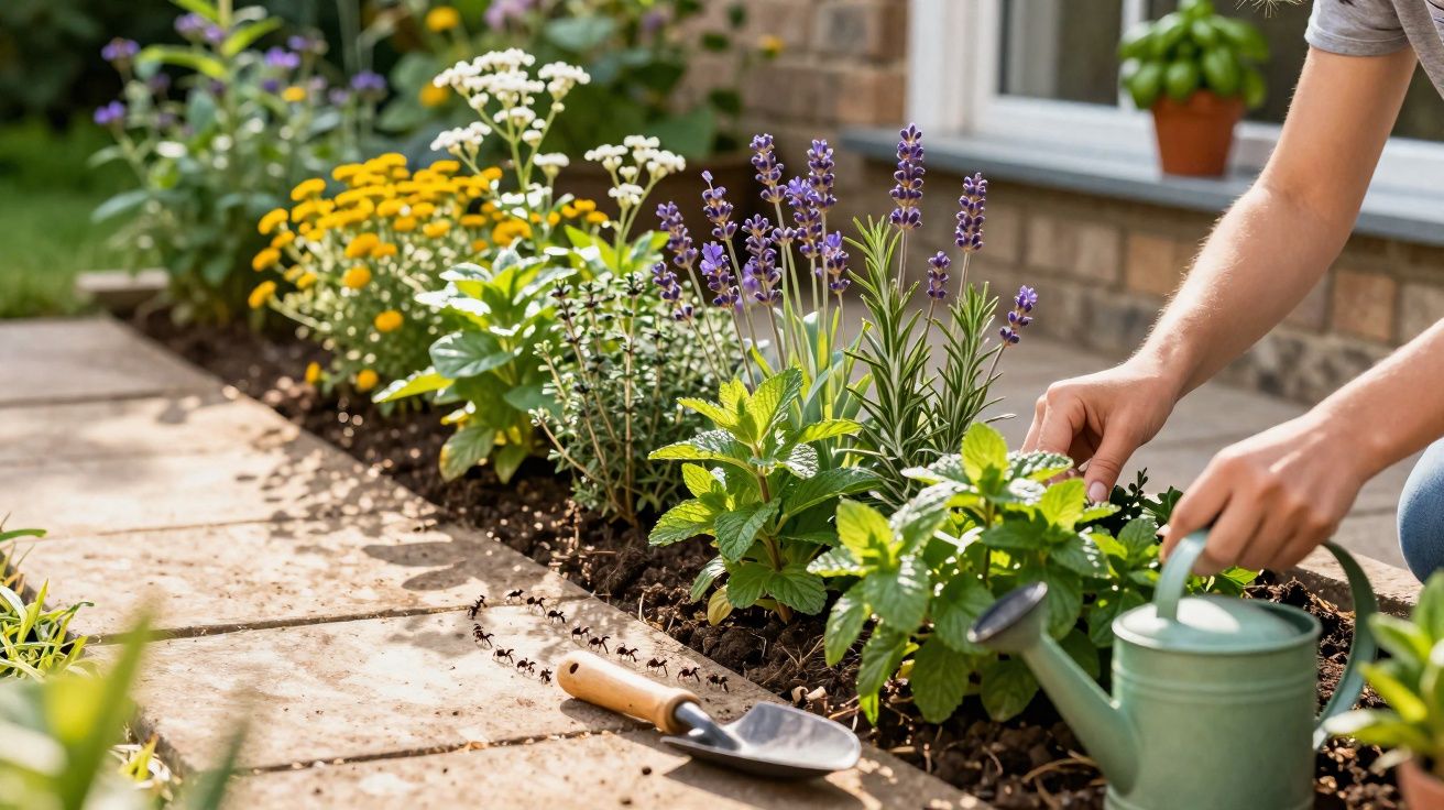 Person gießt Pflanzen in einem Kräuterbeet mit Lavendel, Minze und anderen Kräutern im Garten.