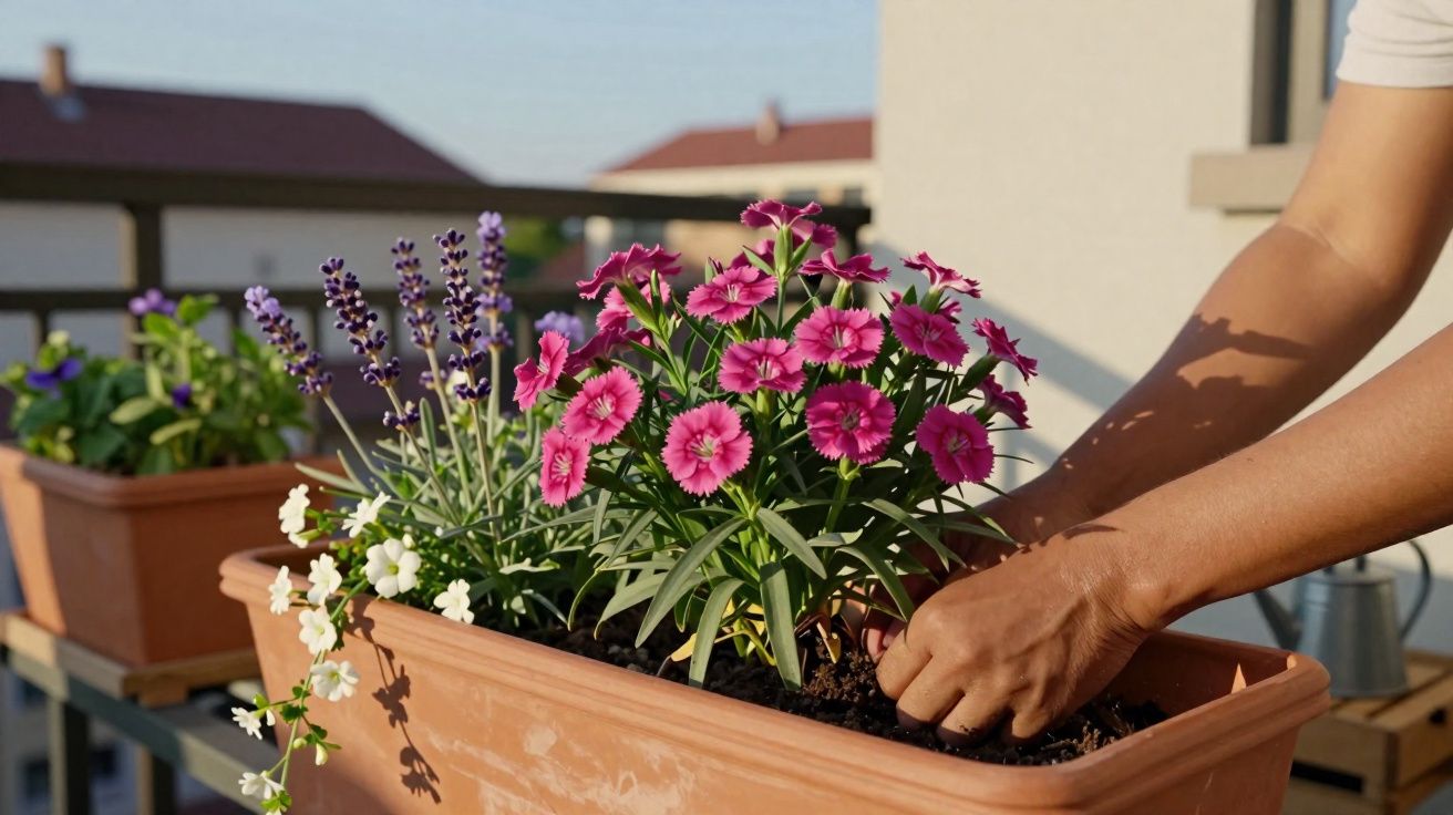 Person pflanzt pinke und violette Blumen in rechteckigen Blumentopf auf Balkon bei Sonnenschein.