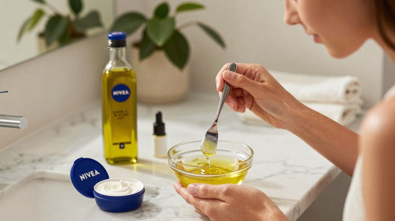 Frau rührt mit Löffel gelbliches Öl in Glasschüssel, Nivea Creme und Ölflasche auf Marmorplatte.