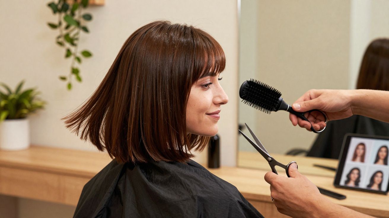Frau mit braunem Bob-Haarschnitt im Friseursalon, Friseur hält Schere und Rundbürste bereit.