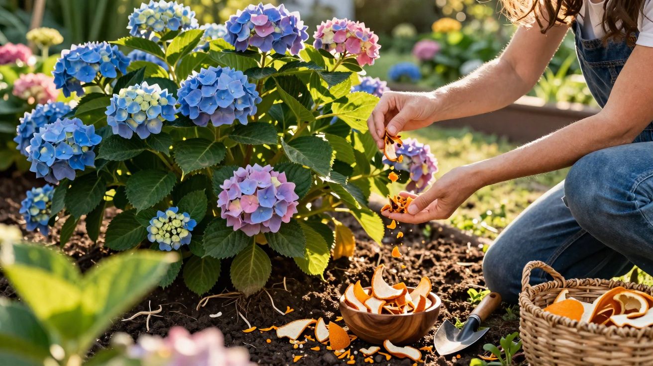 Person gibt getrocknete Orangenschalen als natürlichen Dünger zu blühender Hortensienpflanze im Garten.