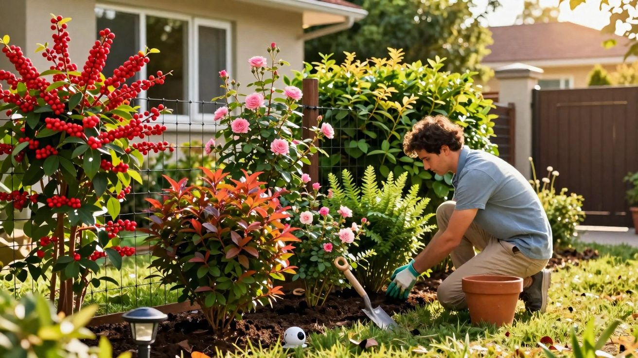 Mann kniet im Garten und pflanzt Blumen neben einem Haus unter Sonnenschein.