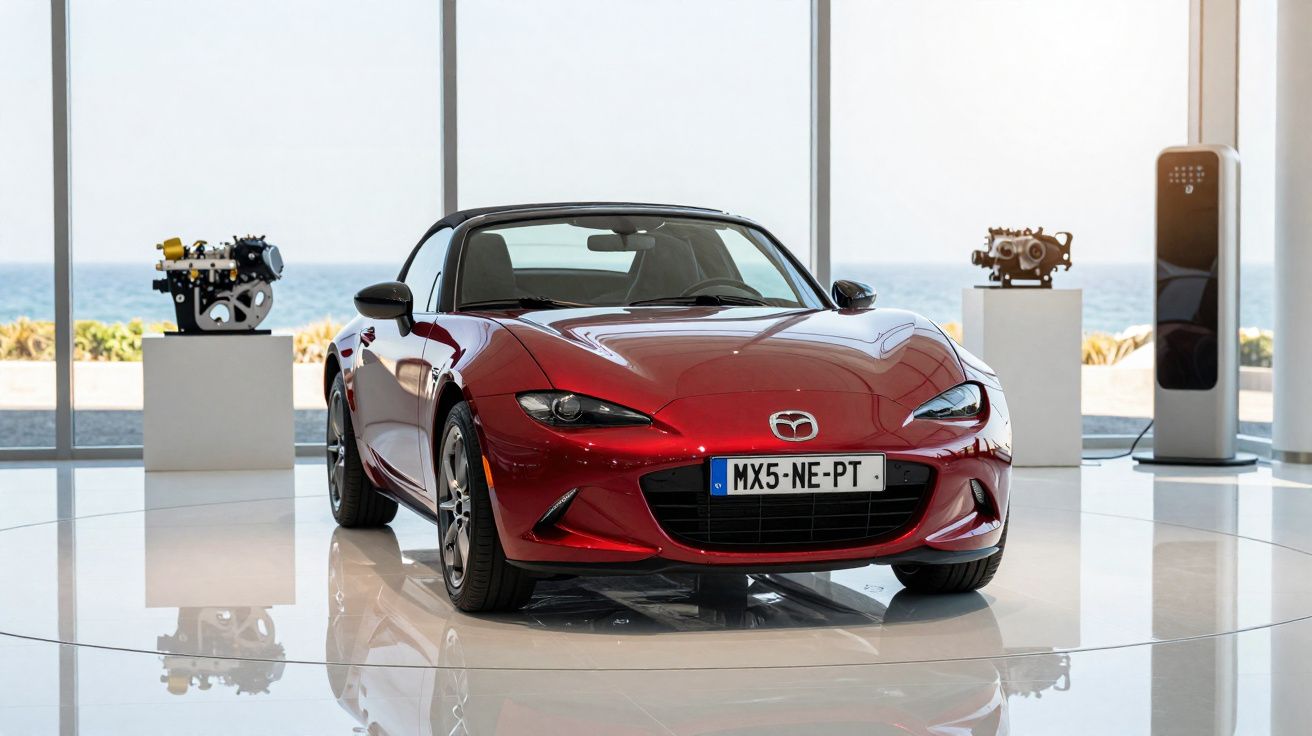 Roter Mazda MX-5 Roadster in modernem Ausstellungsraum mit Motoren und Blick aufs Meer im Hintergrund.