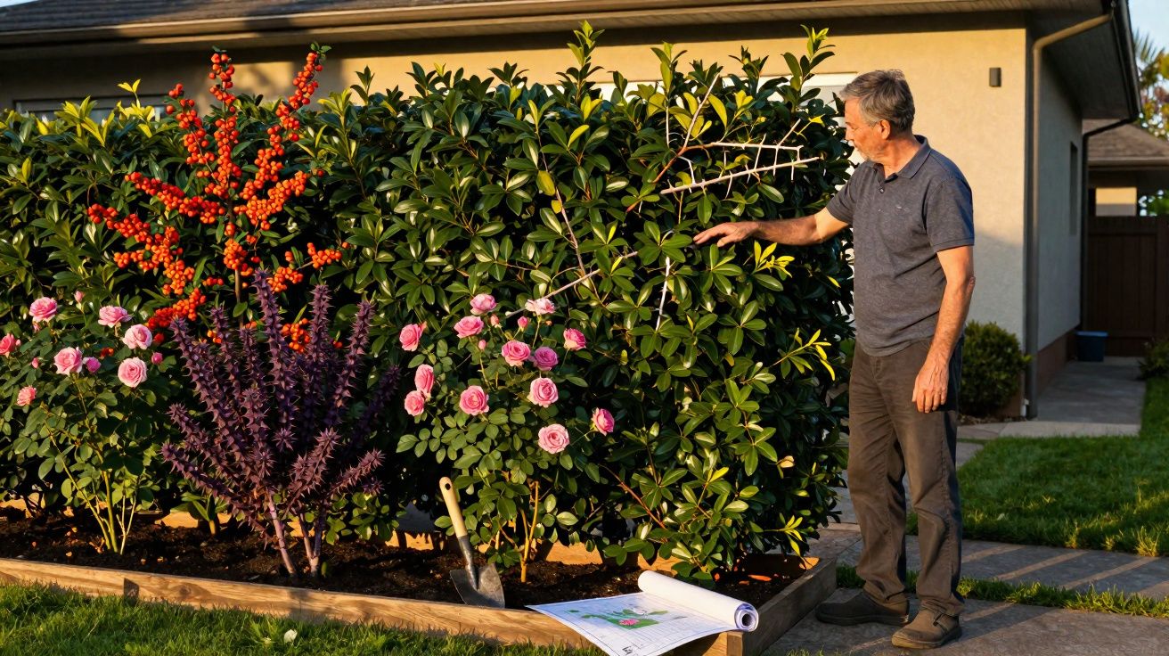 Mann im Garten zeigt auf einen grünen Strauch neben Rosen und einer Pflanze mit orangen Beeren bei Sonnenuntergang.