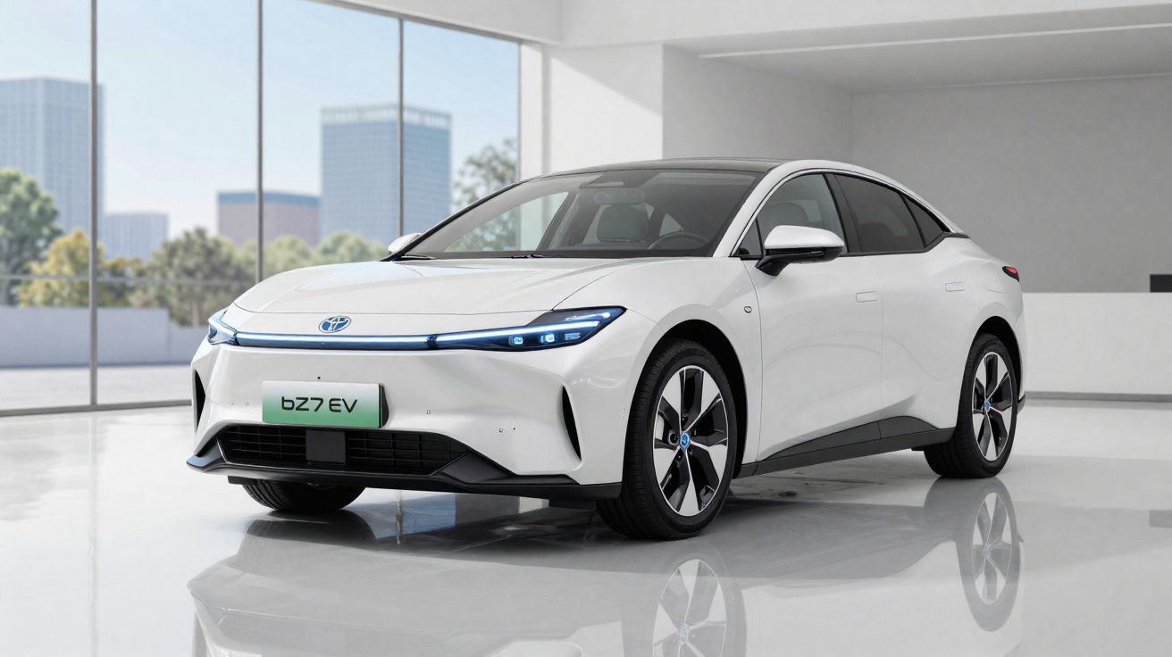 Weißes Elektroauto Toyota bZ4X EV in einem modernen, hellen Showroom mit großen Fenstern.