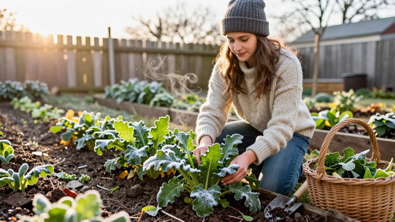 Frau mit Mütze erntet dampfende Pflanzen in Beet bei Sonnenaufgang im Garten mit Korb und Gartenwerkzeug.