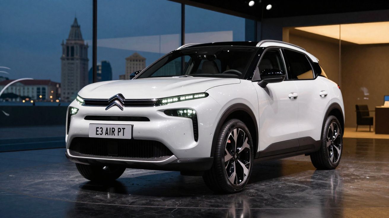 Weißer Citroën E3 Air PT Elektro-SUV im Showroom mit moderner Architektur im Hintergrund.