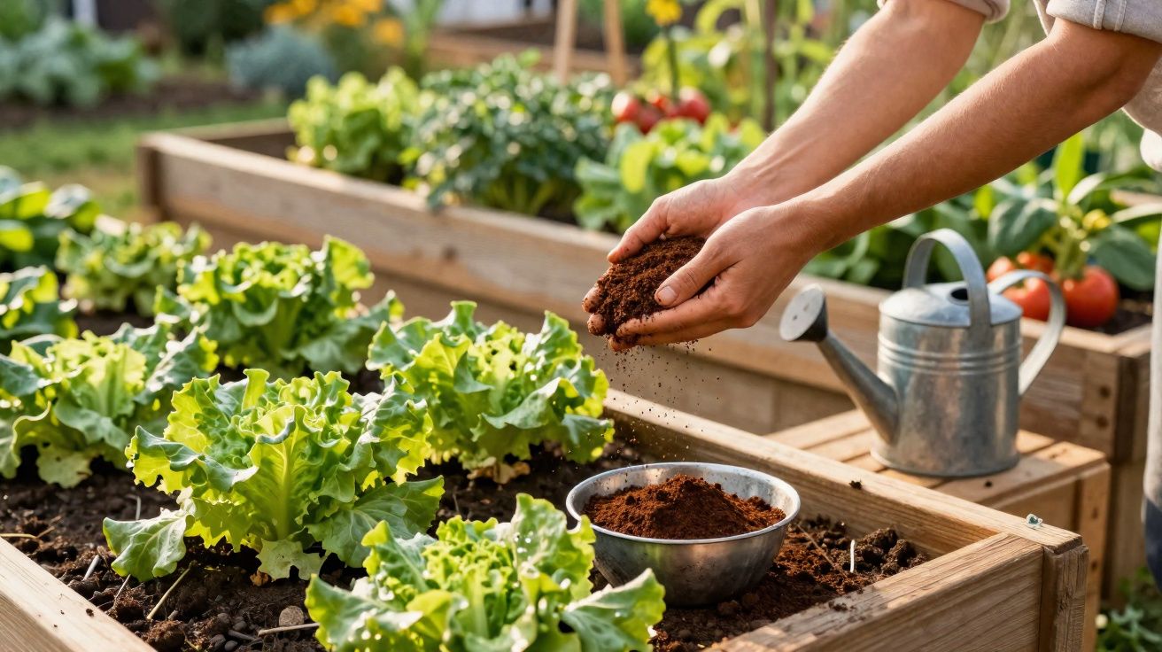 Person streut Erde auf Hochbeet mit Salatpflanzen im Garten bei Sonnenschein.