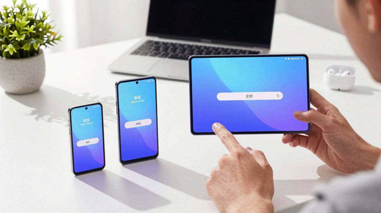 Person bedient Tablet im Querformat, daneben zwei Smartphones und ein Laptop auf weißem Tisch mit Pflanzen.