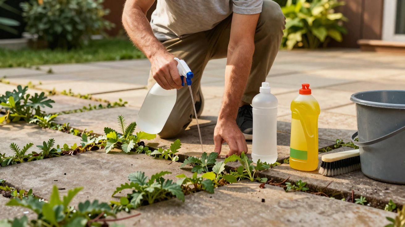 Person entfernt Unkraut zwischen Bodenplatten mit Sprühflasche und Reinigungsmitteln im Garten.