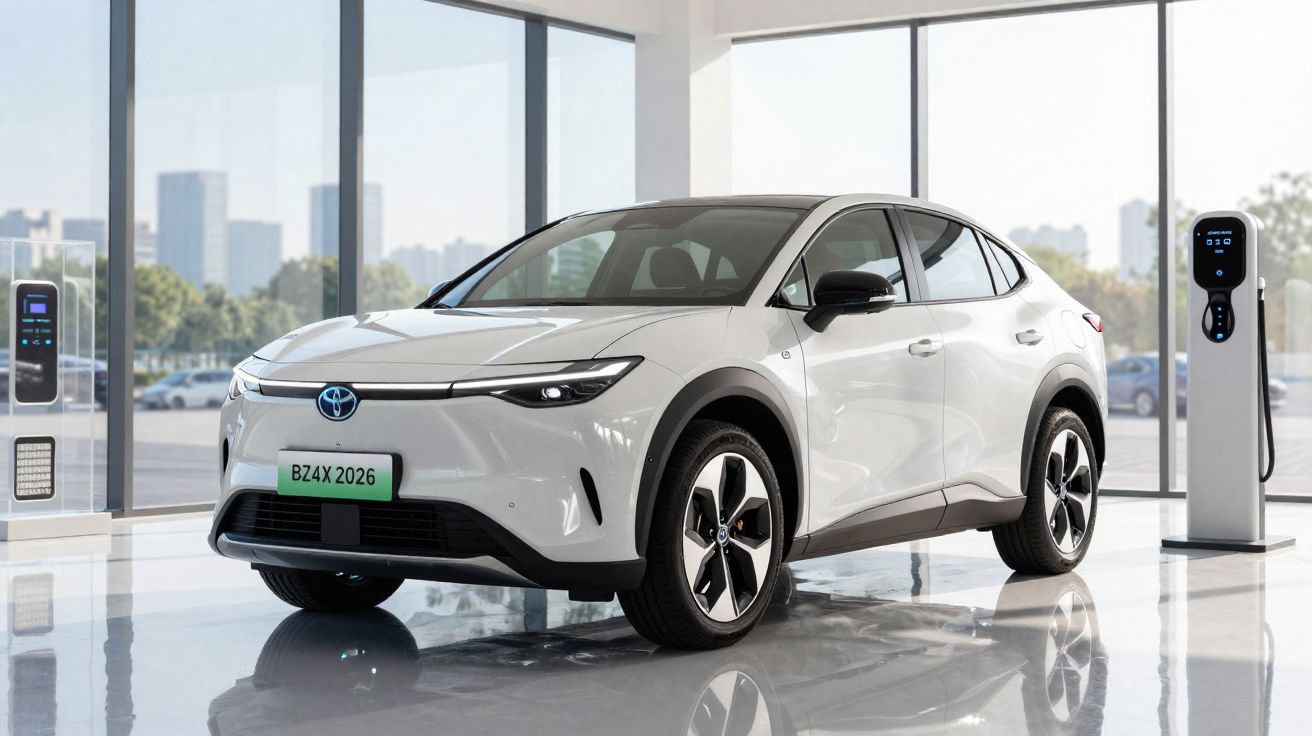 Weißer Toyota BZ4X Elektro-SUV in modernem Showroom neben zwei Ladestationen.