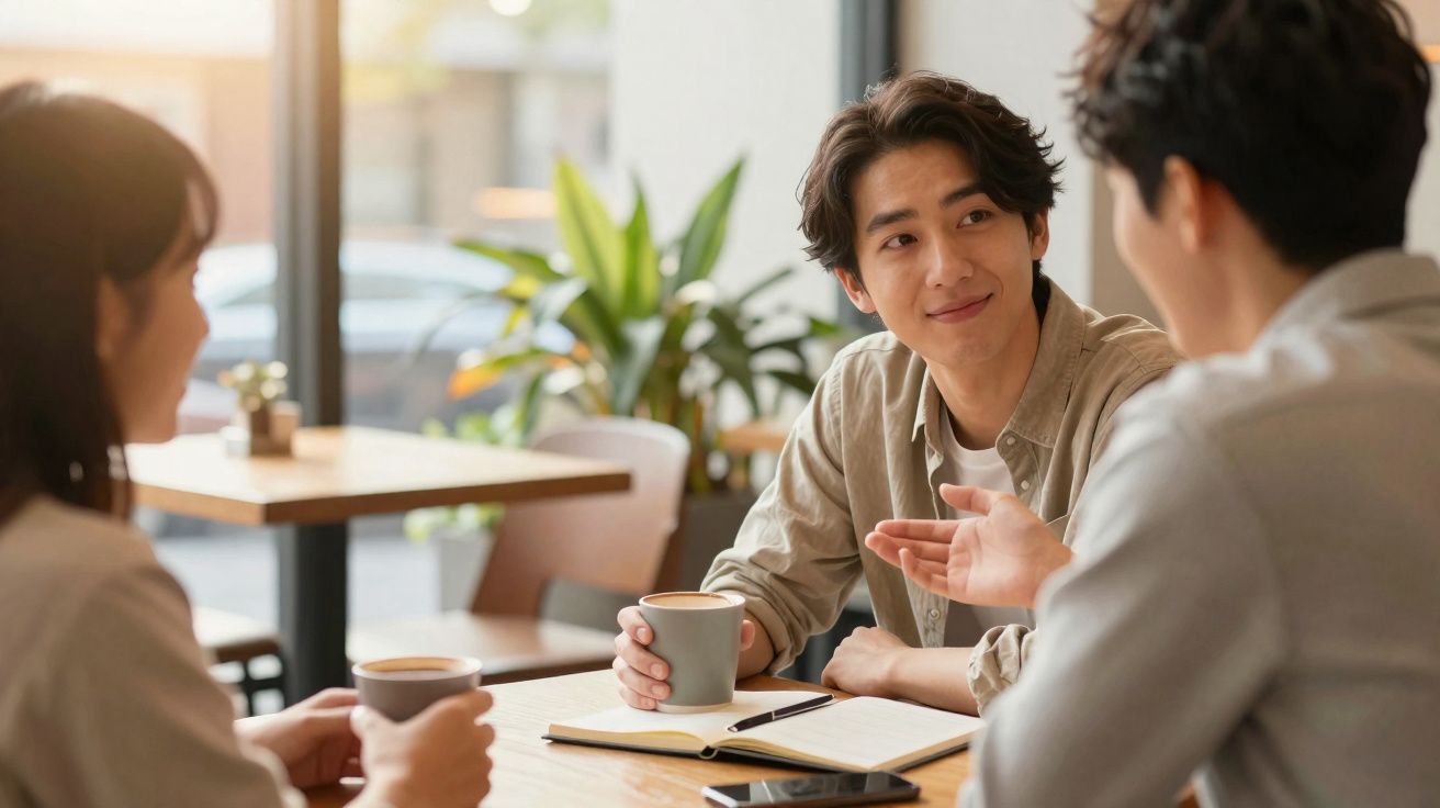Drei Personen unterhalten sich und trinken Kaffee in einem hellen Café mit Pflanzen im Hintergrund.