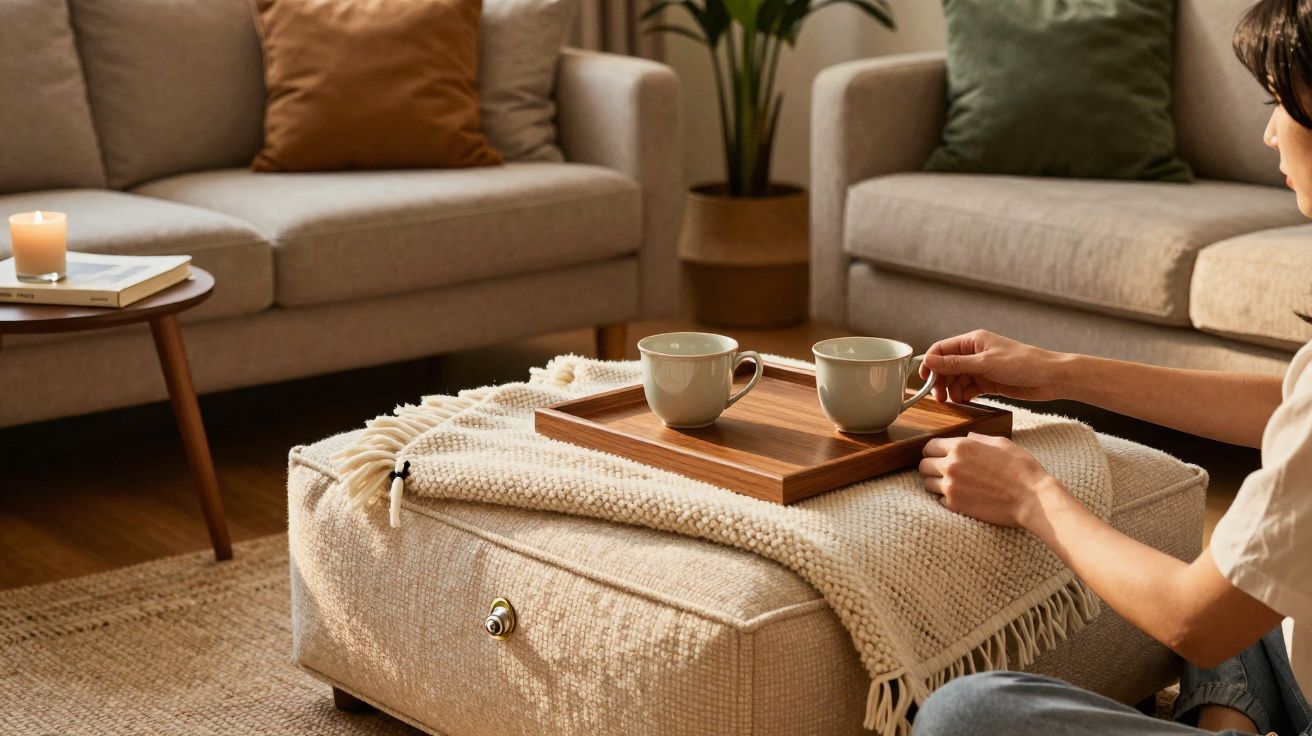 Person stellt Tablett mit zwei Tassen auf einen Beistelltisch in gemütlichem Wohnzimmer mit Sofas und Kerze.