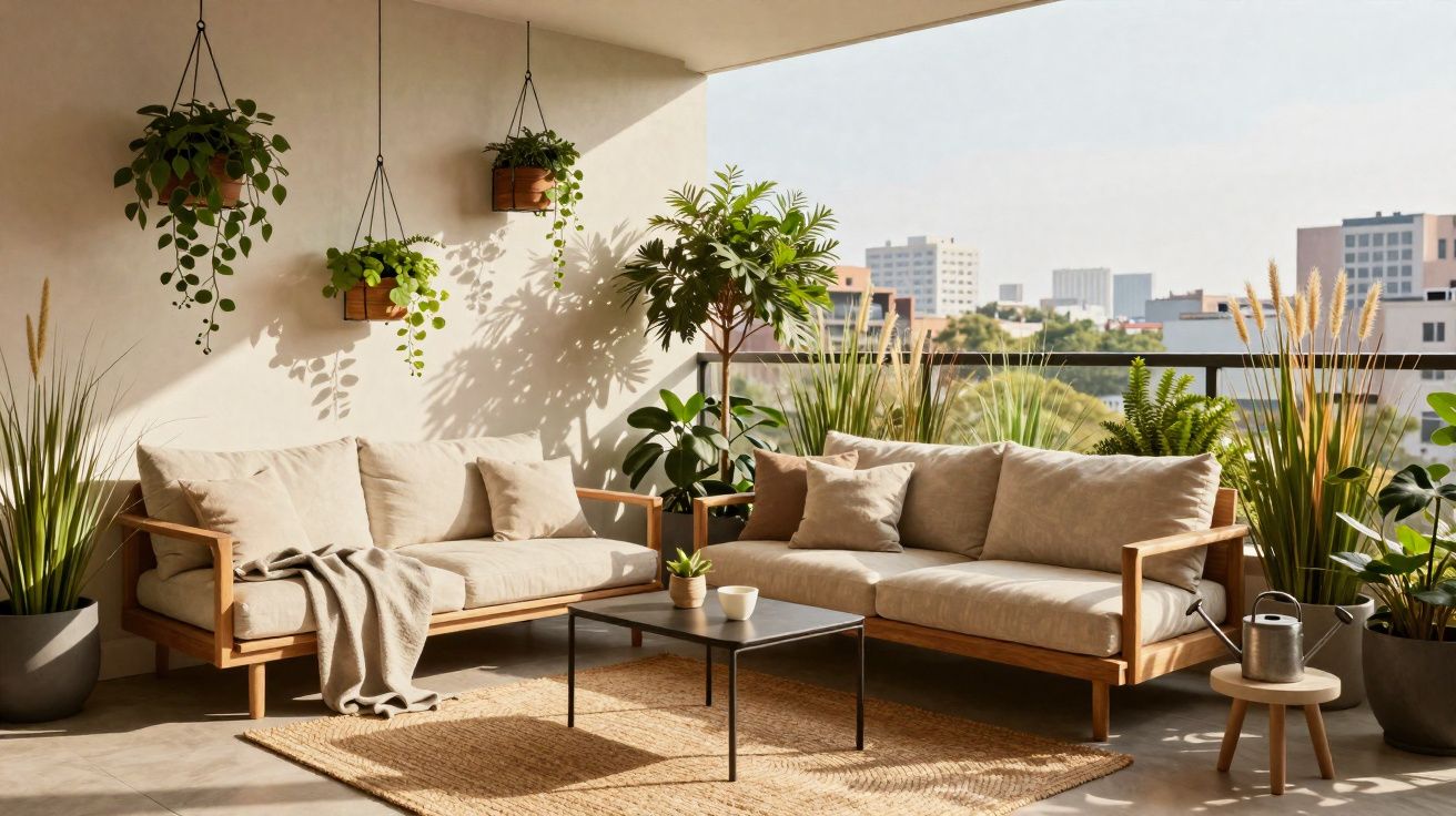 Gemütliche Lounge auf dem Balkon mit Sofas, Pflanzen, Teppich und Blick auf Stadtgebäude.